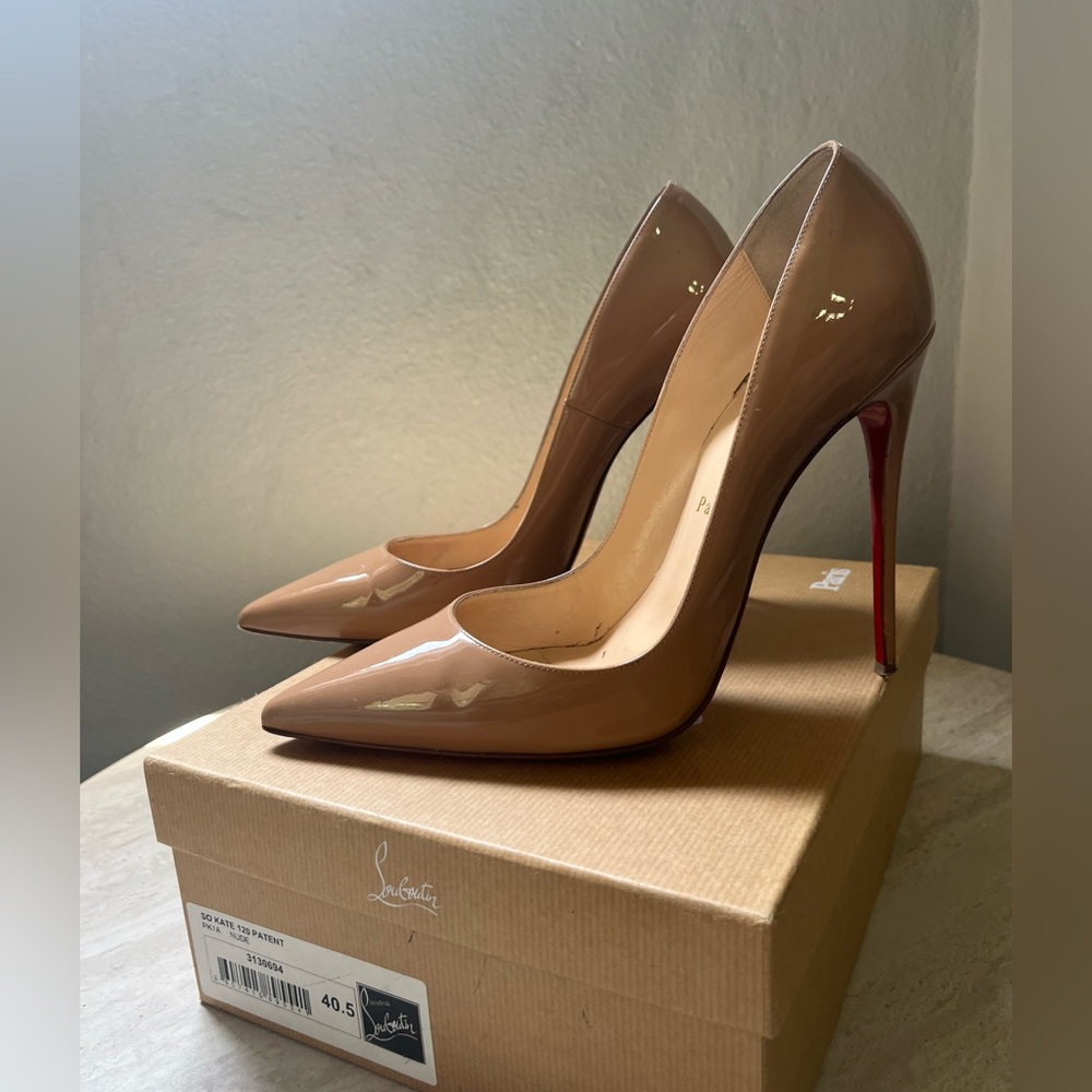 Christian Louboutin Beige Patent Heels with Red Soles
